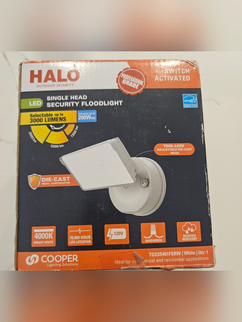 Halo Switch Activated Single Head Security Floodlight - White
